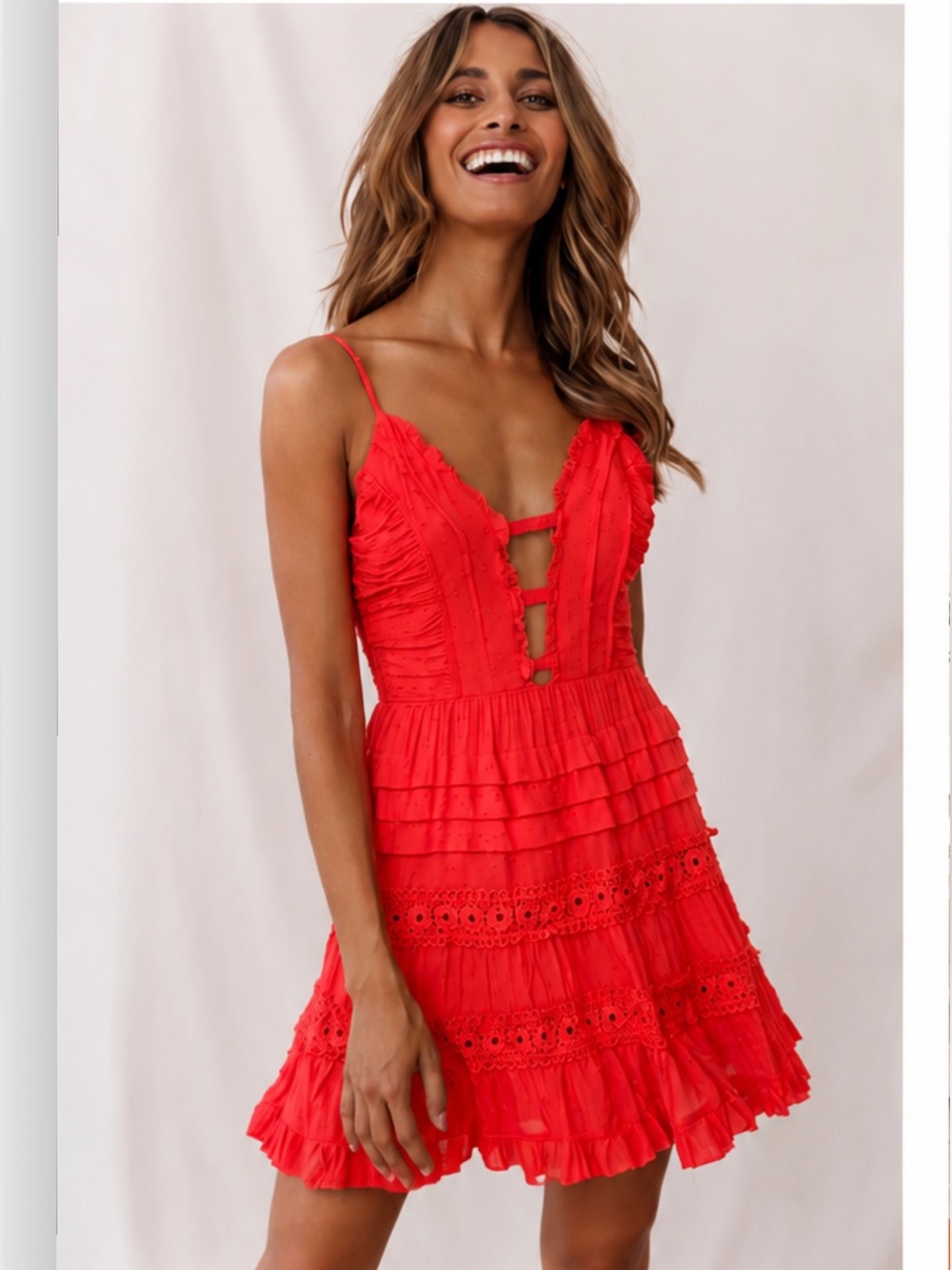 Selfie Leslie Coral Swiss Dot Ruffle Mini Dress Size Small NWOT- worn once